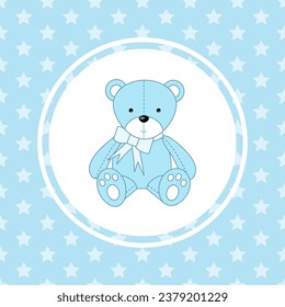 Teddy Bear - cute blue character design, Baby boy arrival card, blue color background with small stars