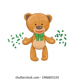 Teddy bear. Cute brown cartoon animal. Funny symbol with lot of money or confetti. Vector sticker. Template for print or greeting card