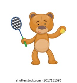 Oso de peluche. Un animal de dibujos animados marrones. Símbolo divertido con raqueta de tenis y pelota. Etiqueta del vector. Plantilla para imprimir o tarjeta de saludo
