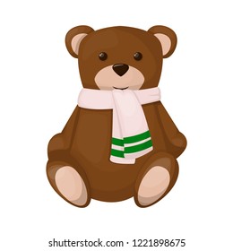 Teddy bear cute brown childhood animal baby gift doll character vector illustration. Fluffy holiday dolly kid plush toy.