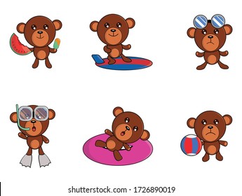 teddy bear cute cartoon in summer doing various activities like surfing, diving, swimming, eating watermelon and more