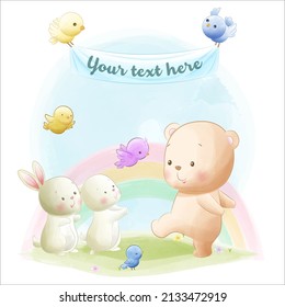 
ilustración de oso de peluche y conejo lindo