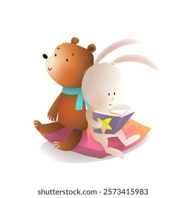 Teddy bear and cute rabbit toys reading books together. Illustration for kids kindergarten education and learning. Children toys teddy and rabbit. Vector clipart cartoon colored in watercolor.