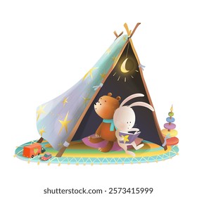 Teddy bear and cute rabbit toys reading book together inside play tent. Illustration for kids kindergarten education and learning. Children home playground. Vector clipart cartoon in watercolor.