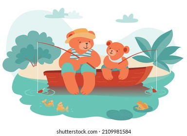 Teddy Bear Dad And Son Fishing Together. Happy Family Scene. Father's Day Card. Vector