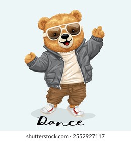 Oso de peluche bailando en chaqueta gris con gafas de sol con estilo, Ilustración vectorial