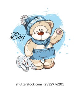 Teddy bear in design of birthday and baby shower for newborn celebration greeting and invitation card or note, hand drawn sketch style vector illustration.