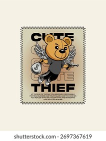 A teddy bear design with wings flying after a robbery, holding a gun. ready for streetwear.
