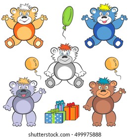 Teddy bear in different poses. Set with presents, and balloons. Five smiling multicolored cartoon on a white background