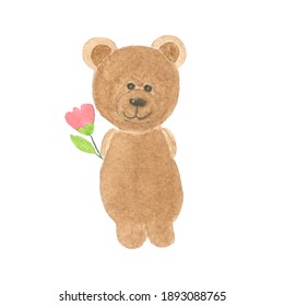 Teddy bear doll holding pink flower. Happy Valentine's day concept.