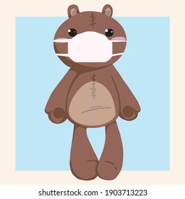 Teddy bear doll in a medical mask. Vector illustration. Valentine's day card.