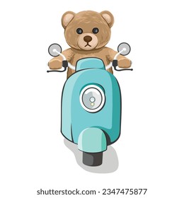 Teddy bear doll riding on scooter vector illustration, transparent background