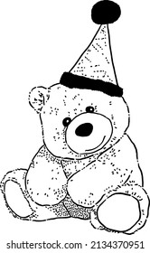 Teddy Bear Doll Wearing Party Hat Animal Soft Toy Hand Drawn Line Art Illustration	