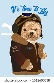 Teddy bear drawing. Simpotic bear pilot, preparing for flight. Vector drawing