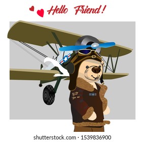 Teddy bear drawing. Simpotic bear pilot, preparing for flight. Vector drawing