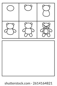 Teddy bear drawing tutorial. A step-by-step guide to drawing a simple teddy bear. Ideal for kids learning to sketch farm animals. Directed drawing for kids, i can draw activity