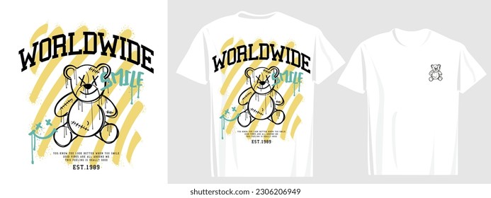 Teddy bear drawing and typography. Urban street style. Vector illustration design for fashion graphics, t shirt prints.