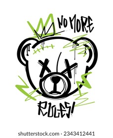 Teddy bear drawing, urban street typography and brush strokes. Vector illustration design for fashion graphics, prints, t shirts.