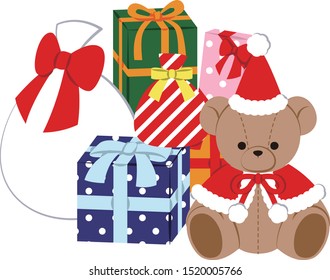 Teddy bear dressed as Santa and Many presents