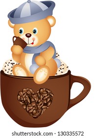 Teddy bear drinking hot coffee