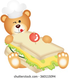 Teddy bear eating cheese sandwich