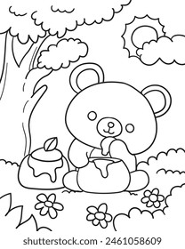 Oso de peluche comiendo miel. Libro para colorear para niños