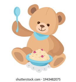 Teddy Bear eating Porridge with berries on breakfast. Kid learns to eat himself. Cute stuffed Toy with his First spoon. Vector