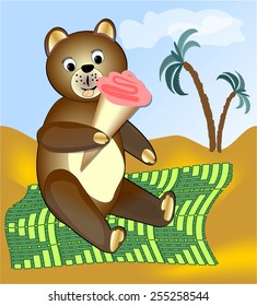 Teddy bear eating strawberry ice cream. Teddy bear resting on green blanket. Finicky teddy bear. Teddy bear sitting on sand. Teddy bear vector illustration. 
