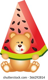 Teddy bear eating watermelon
