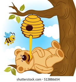teddy bear eats honey bee - vector illustration, eps
