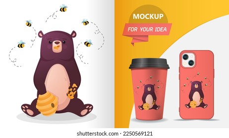 Teddy bear, bear eats honey, vector illustration, merchandising