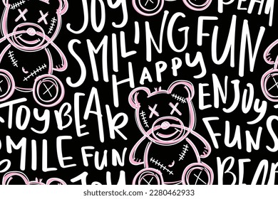 Teddy bear emoji drawing and handwriting text. Seamless pattern repeating texture background. Vector illustration design.