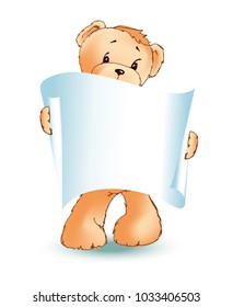 Teddy bear and empty placard in paws, fluffy toy holding sheet of paper, poster dedicated to Valentines day, isolated on vector illustration