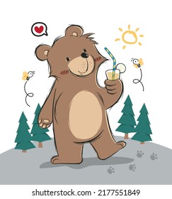 Teddy bear enjoy drinking fruit juice in forest vector illustration.