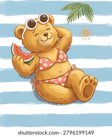 Teddy Bear Enjoying wearing Bikini Summer Vacation beach