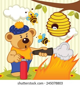 teddy bear extinguishes fire - vector illustration, eps