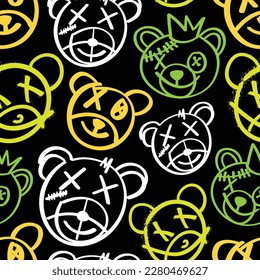 Teddy bear face emoji drawings. Seamless pattern repeating texture background. Vector illustration design.