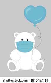 Teddy bear in face mask with heart shaped helium balloon. Vector illustration.