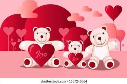 teddy bear family cartoon in a cute and beautiful background with red love baloon, love tree, and red mountain element