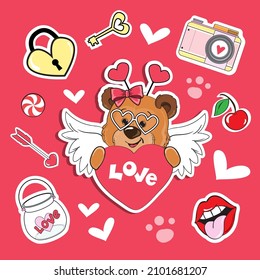 The teddy bear fashion patch badges for valentine's day. Vector illustration of cartoon animals