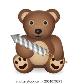 Teddybär mit Feuerwerksrakete auf weißem Hintergrund. Vektorgrafik.