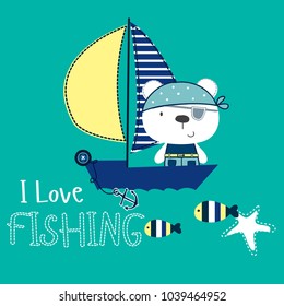 teddy bear fishing in a boat, design kids T-shirt