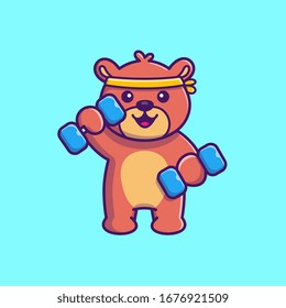 Teddy Bear Fitness Gym Vector Icon Illustration. Sport Bear Mascot Cartoon Character. Animal Icon Concept White Isolated. Flat Cartoon Style Suitable for Web Landing Page, Banner, Flyer, Sticker, Card