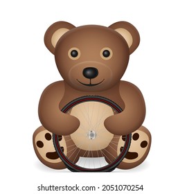 Teddy bear with flat bicycle tyre on a white background. Vector illustration.