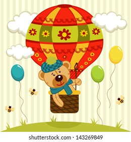 teddy bear flies on air balloon - vector illustration