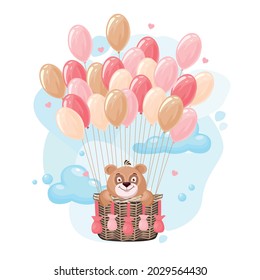 Teddy bear flies on balloons. Vector illustration of a cheerful bear cub in a cartoon style.