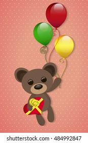 the Teddy bear flies on balloons with a gift