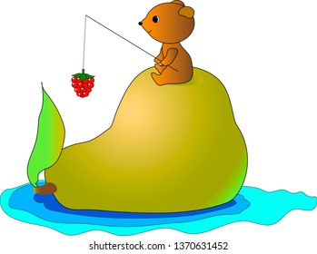 Teddy bear floating on the river .He sits on a pear with a fishing rod in his hands.On the fishing line hanging raspberry berry.Cute cartoon character. Vector. The background is white.