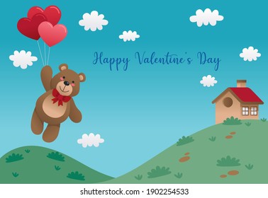 a teddy bear is floating in the sky using a heart-shaped balloon