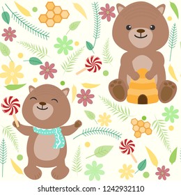 Teddy bear with floral and leaf seamless pattern background illustration